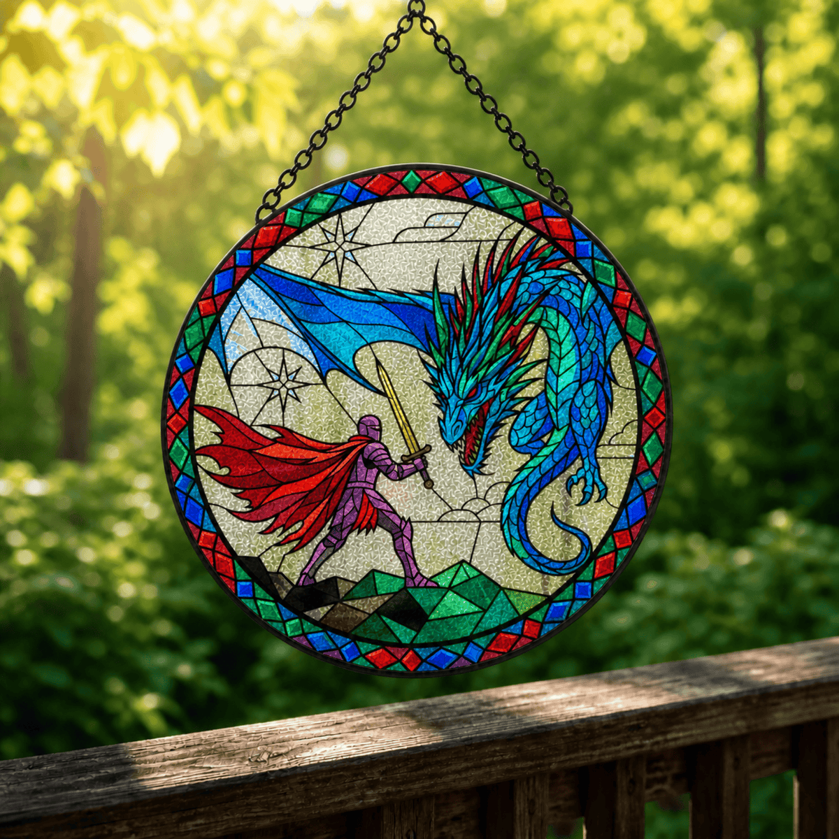 Sapphire Wyrm Duel - Stained Glass Suncatcher Sapphire Wyrm Duel | Blue Dragon DnD Stained Glass Suncatcher
