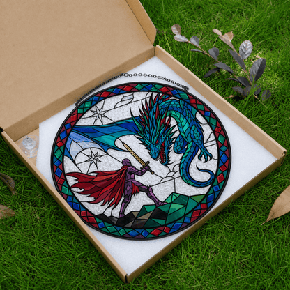 Sapphire Wyrm Duel - Stained Glass Suncatcher Sapphire Wyrm Duel | Blue Dragon DnD Stained Glass Suncatcher