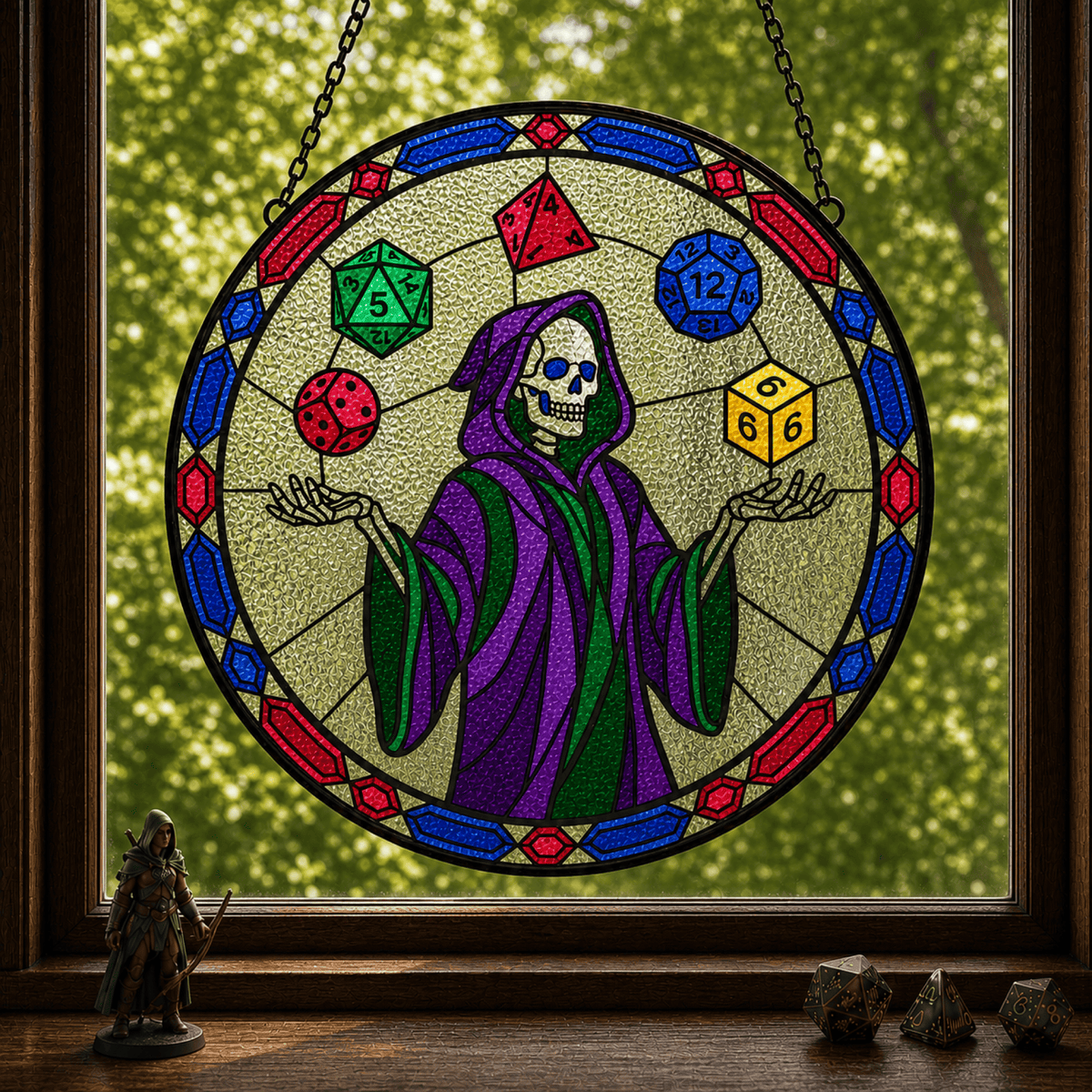 Reaper Rolls - Stained Glass Suncatcher Reaper Rolls | Skeleton Dice DnD Stained Glass Suncatcher