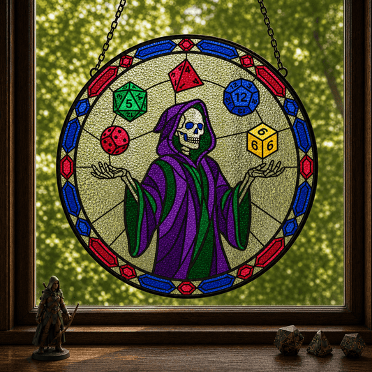 Reaper Rolls - Stained Glass Suncatcher Reaper Rolls | Skeleton Dice DnD Stained Glass Suncatcher