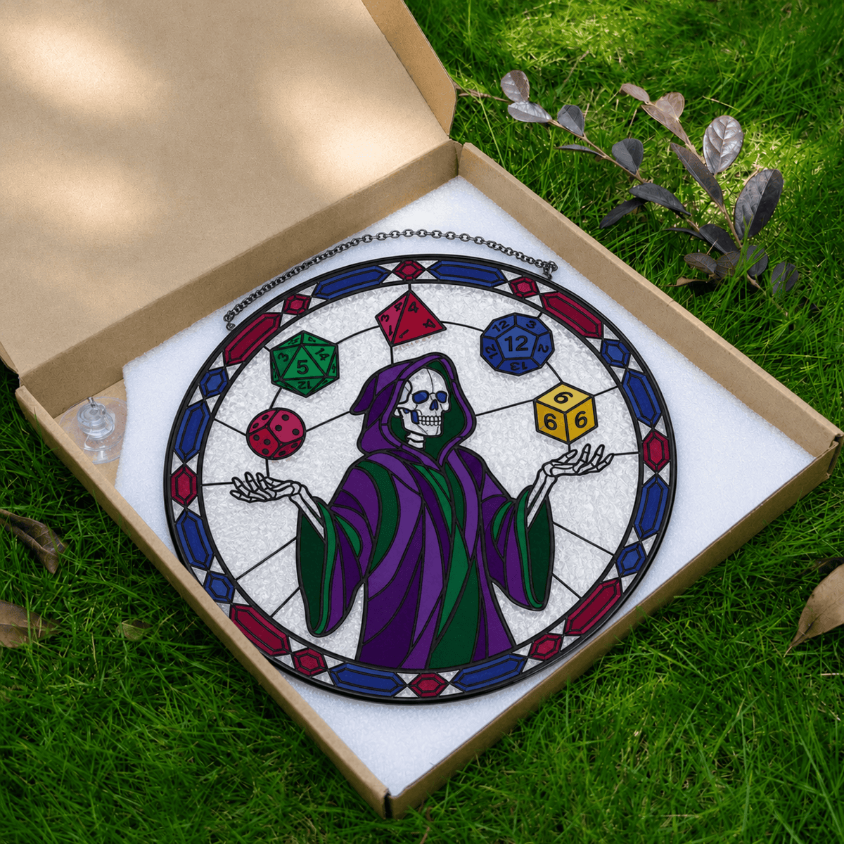 Reaper Rolls - Stained Glass Suncatcher Reaper Rolls | Skeleton Dice DnD Stained Glass Suncatcher