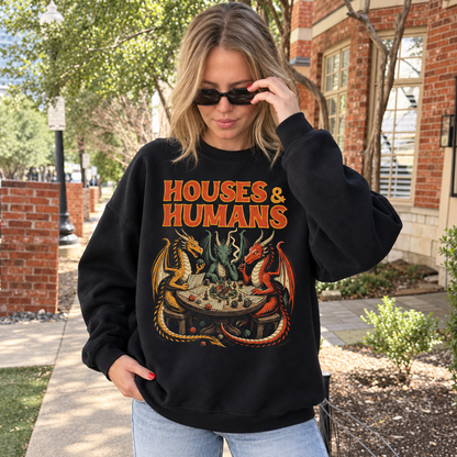 Woman wearing Houses & Humans black DnD sweatshirt outdoors