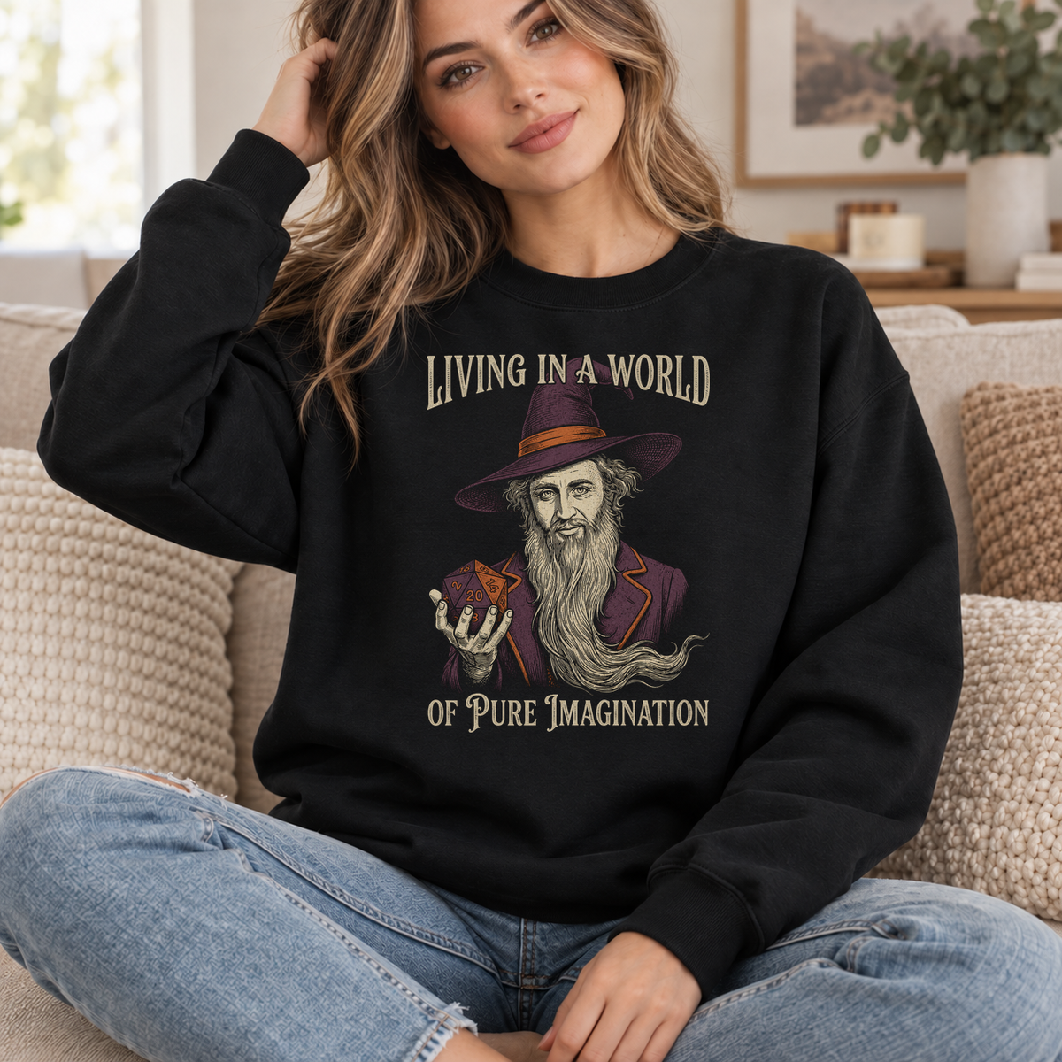 Pure Imagination black DnD sweatshirt worn by a woman indoors