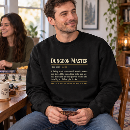 Dungeon Master Definition black DnD sweatshirt worn by a man at game night