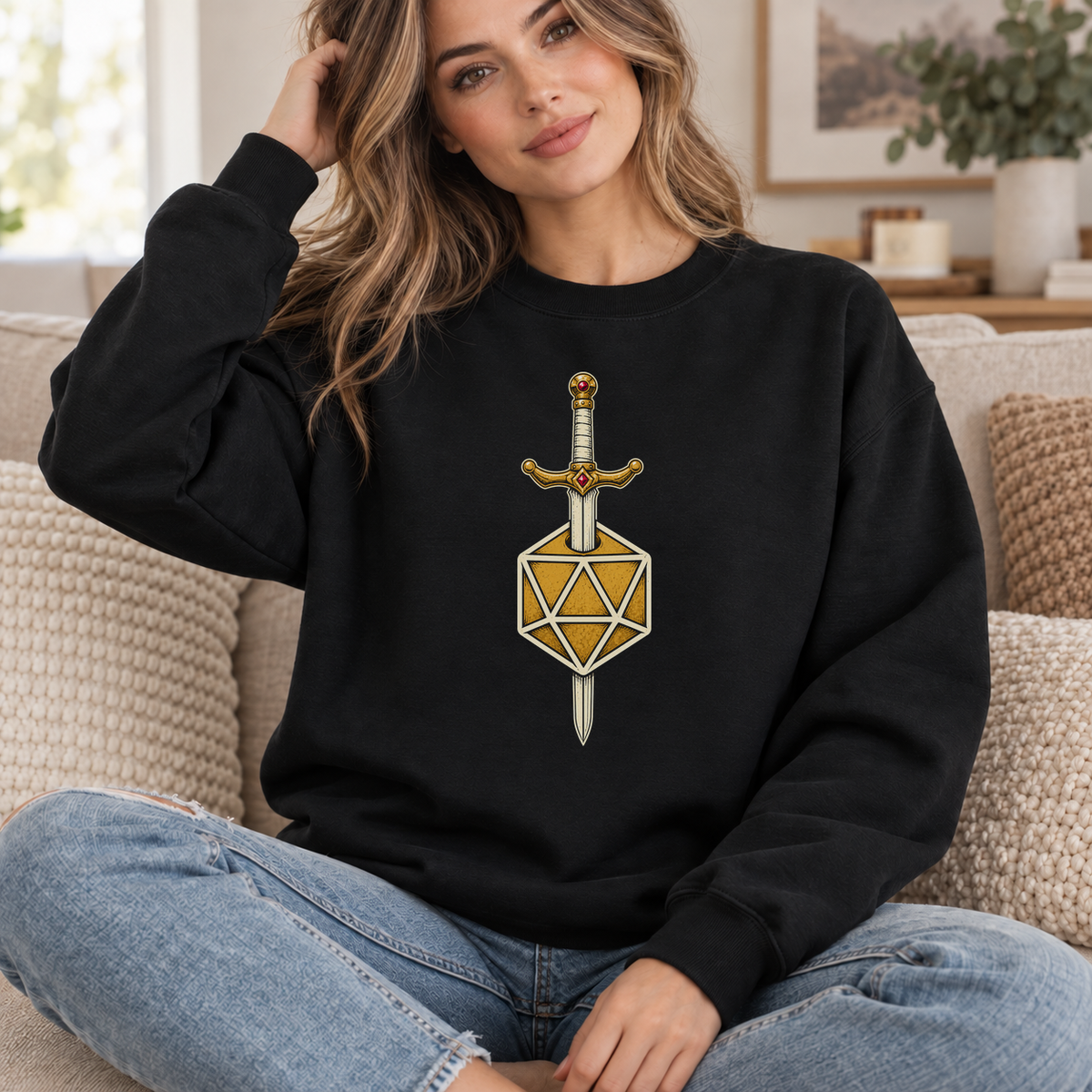 Sword & D20 black DnD sweatshirt worn by a woman indoors