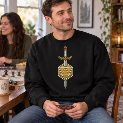 Sword & D20 black DnD sweatshirt worn by a man at game night