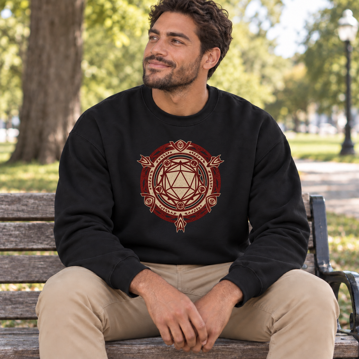 Arcane D20 Sigil black DnD sweatshirt worn by a man in a park