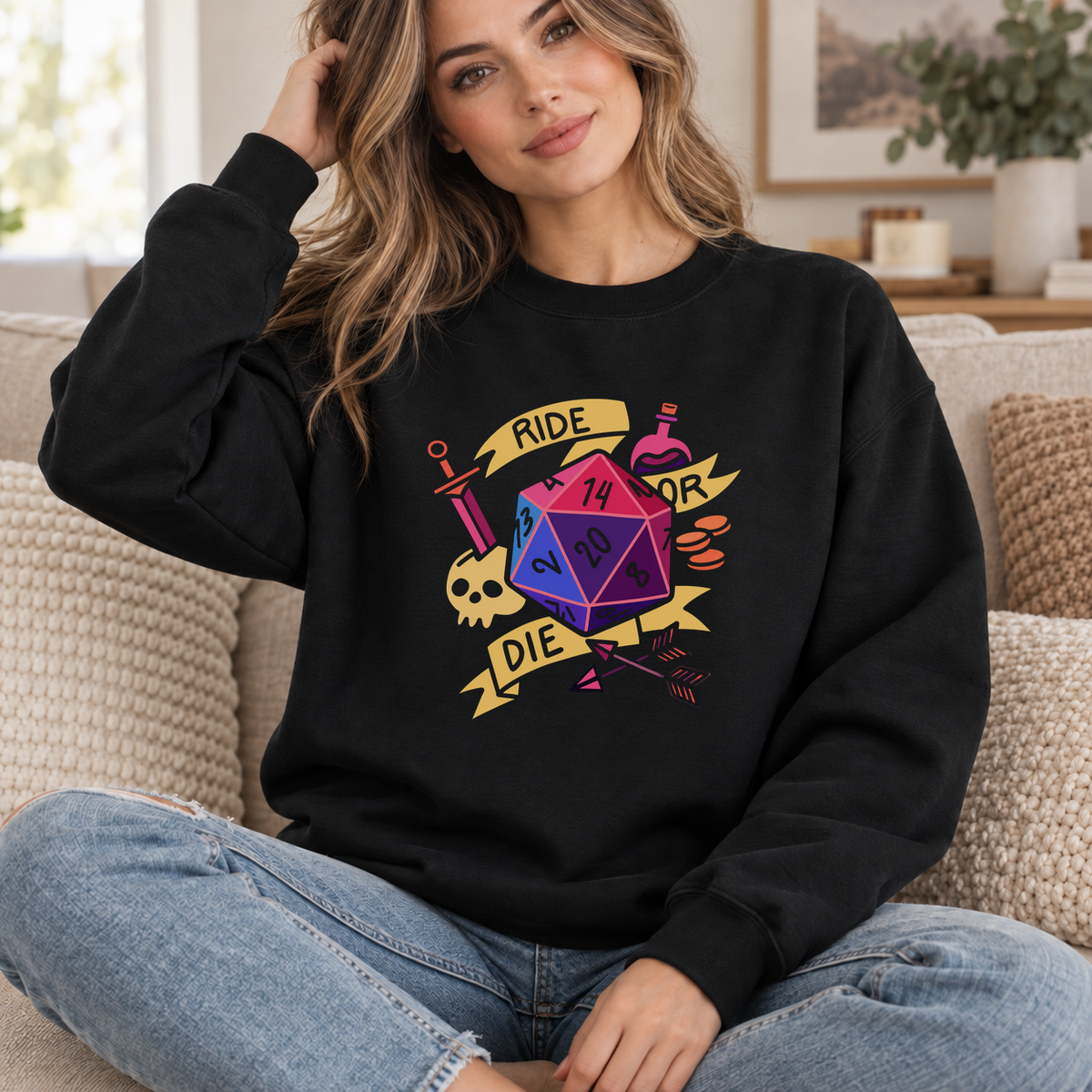 Ride or Die black DnD sweatshirt worn by a woman indoors