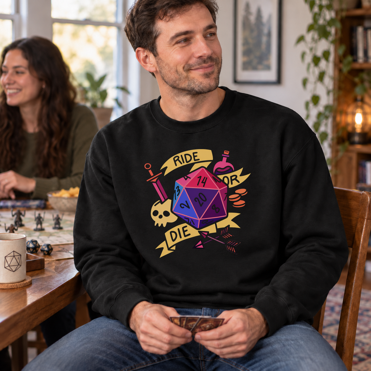 Ride or Die black DnD sweatshirt worn by a man at game night
