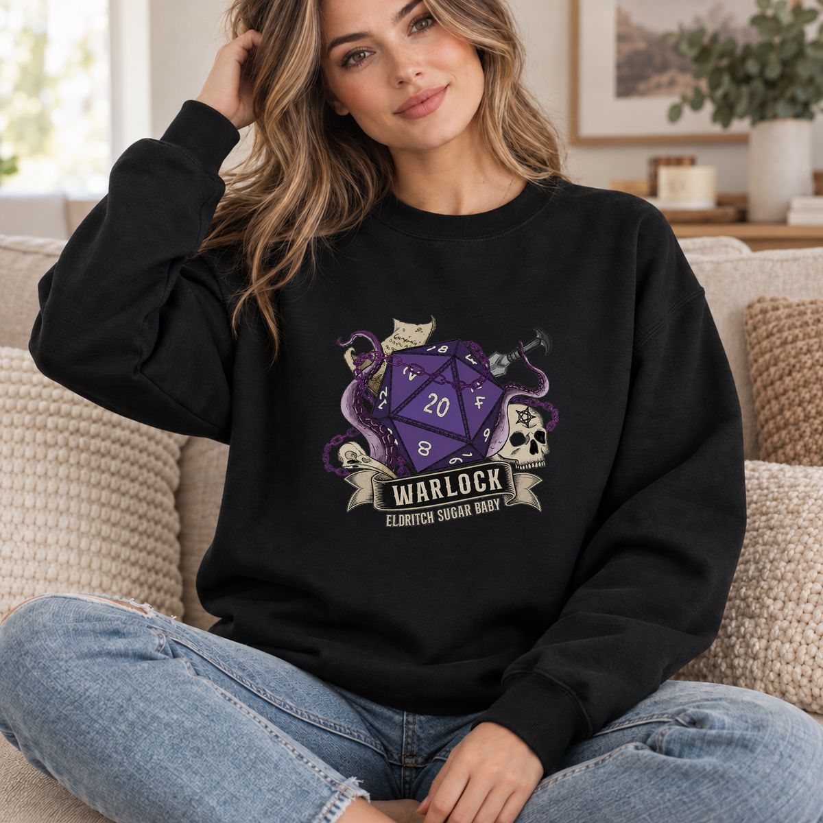 Eldritch Sugar Baby black DnD sweatshirt worn by a woman indoors