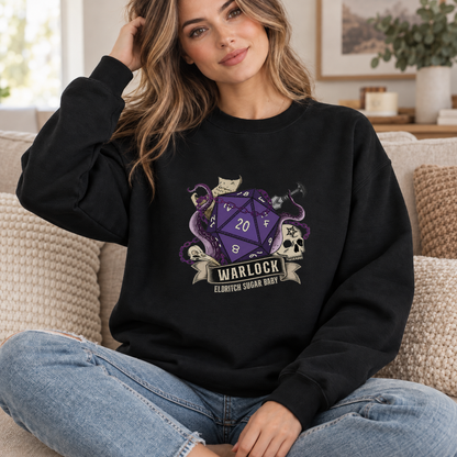 Eldritch Sugar Baby black DnD sweatshirt worn by a woman indoors