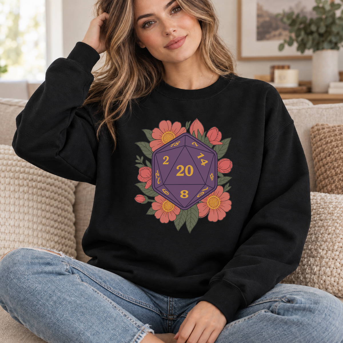 Floral D20 black DnD sweatshirt worn by a woman indoors