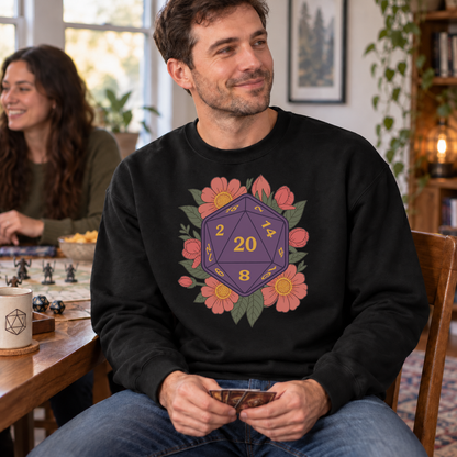 Floral D20 black DnD sweatshirt worn by a man at game night