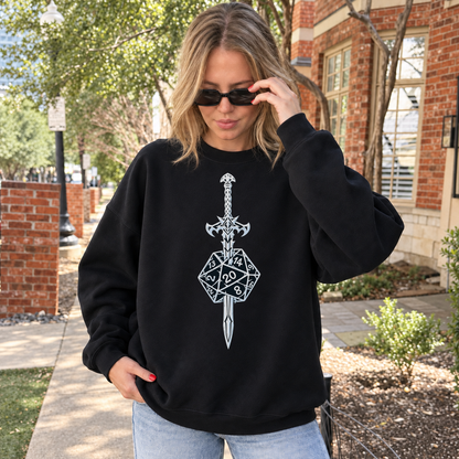 Sword & Dice black DnD sweatshirt worn by a woman outdoors