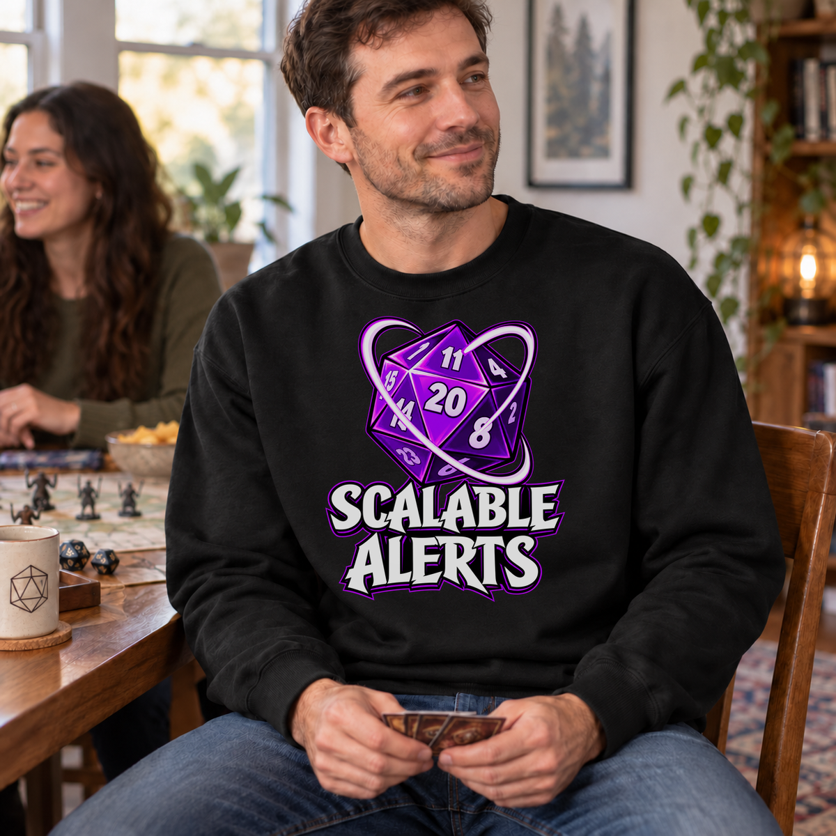Scalable Alerts black DnD sweatshirt worn by a man at game night