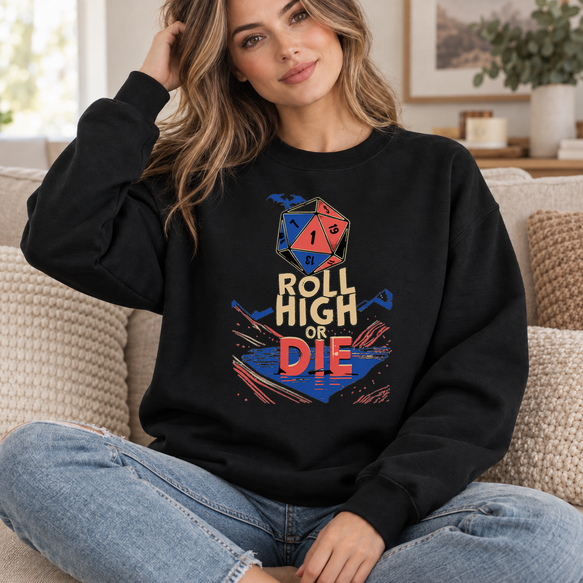 Roll High or Die black DnD sweatshirt worn by a woman indoors