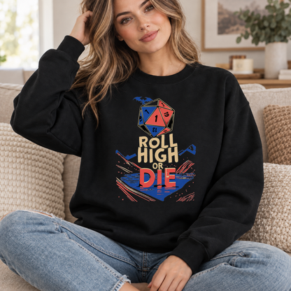 Roll High or Die black DnD sweatshirt worn by a woman indoors