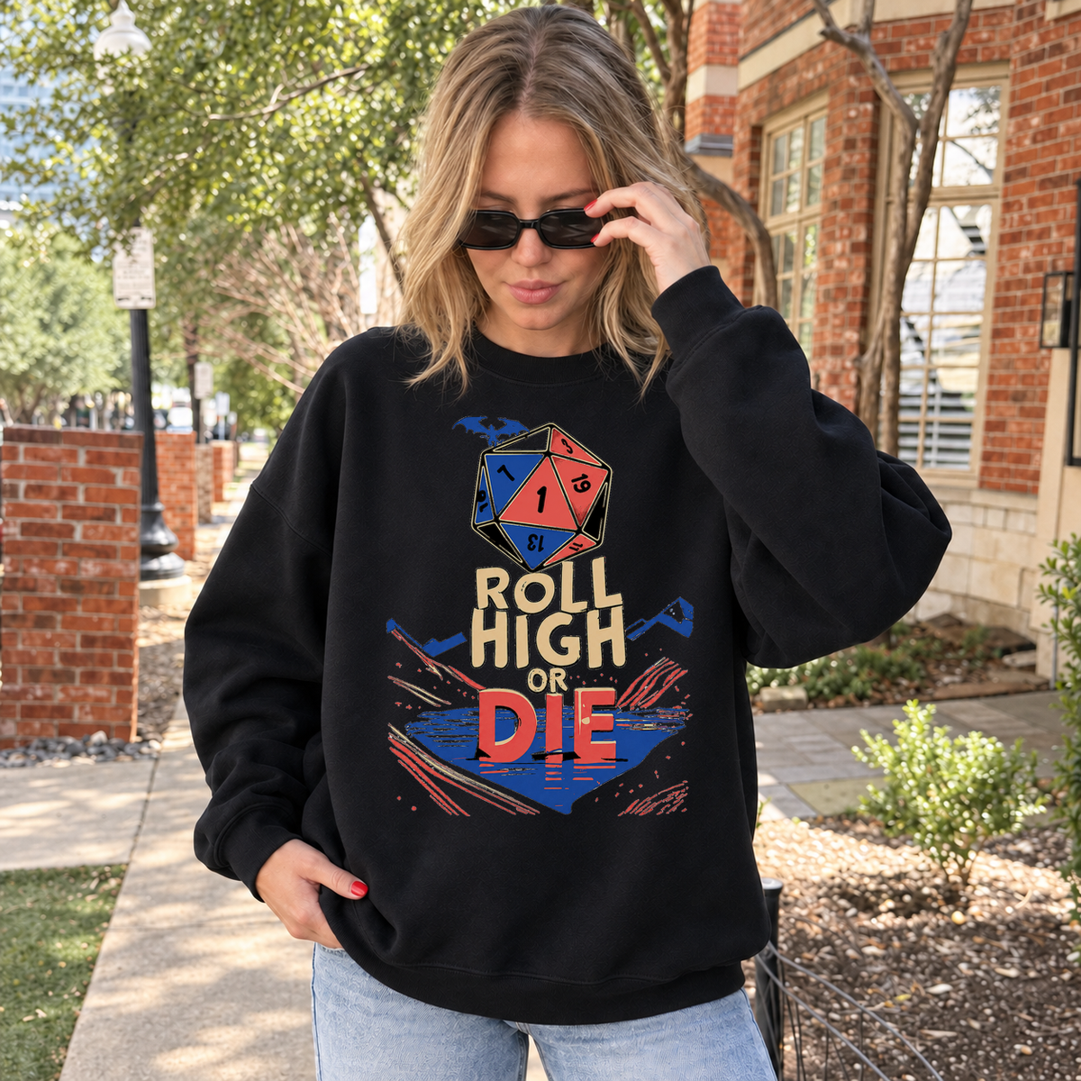 Roll High or Die black DnD sweatshirt worn by a woman outdoors