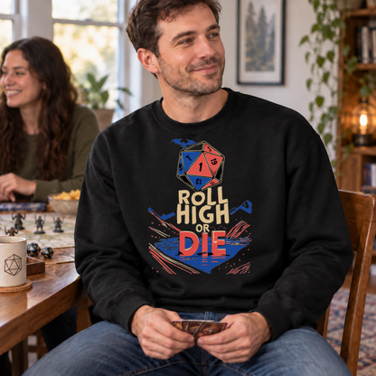 Roll High or Die black DnD sweatshirt worn by a man at game night
