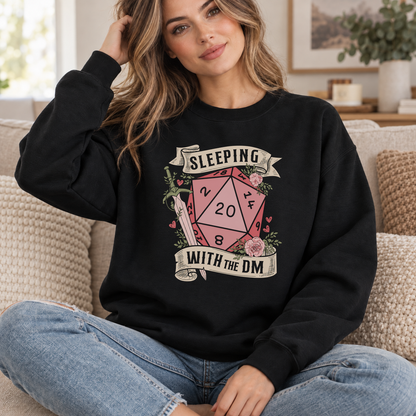 Sleeping with the DM black DnD sweatshirt worn by a woman indoors