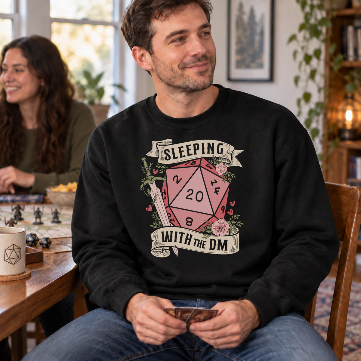 Sleeping with the DM black DnD sweatshirt worn by a man at game night