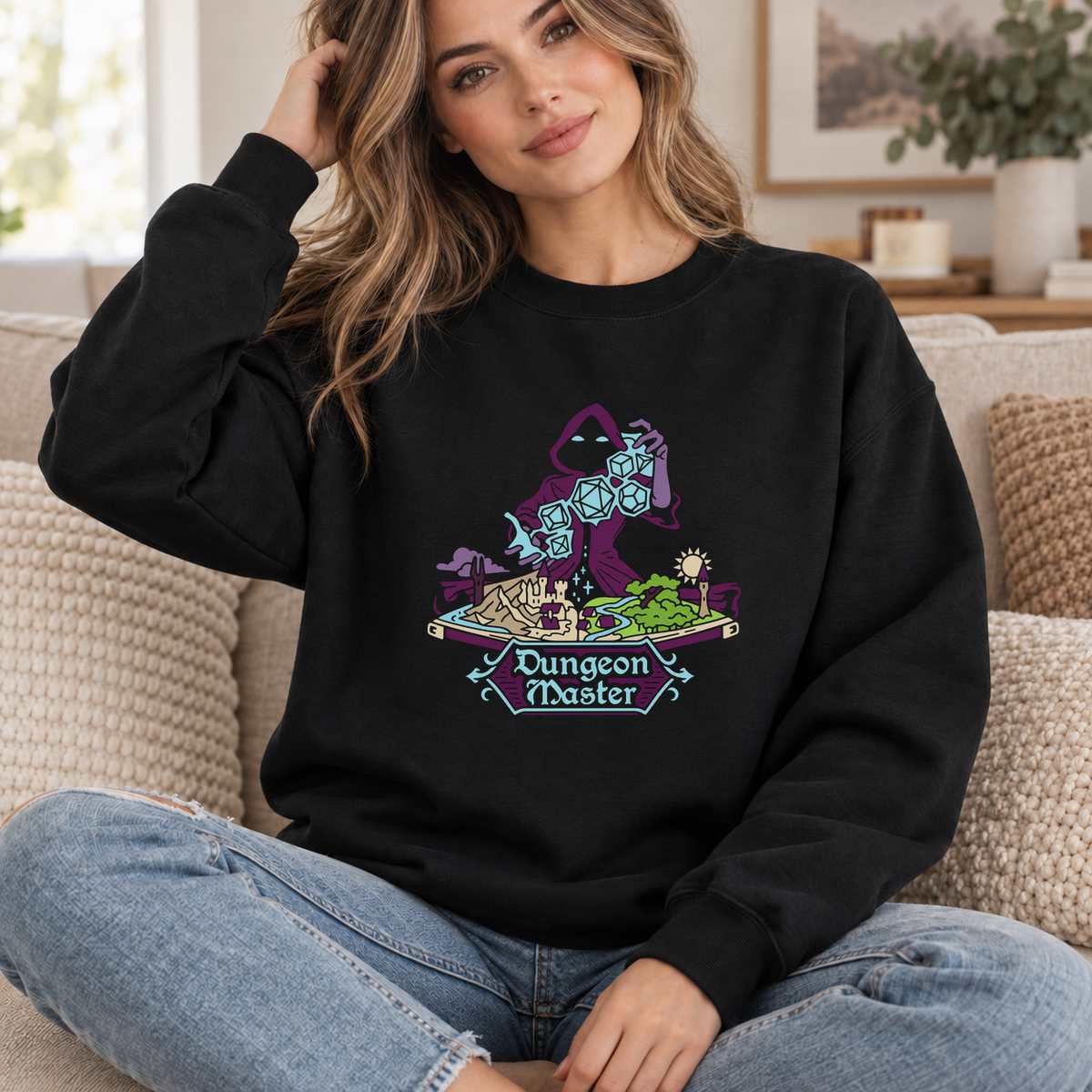 Dungeon Master at Work black DnD sweatshirt worn by a woman indoors
