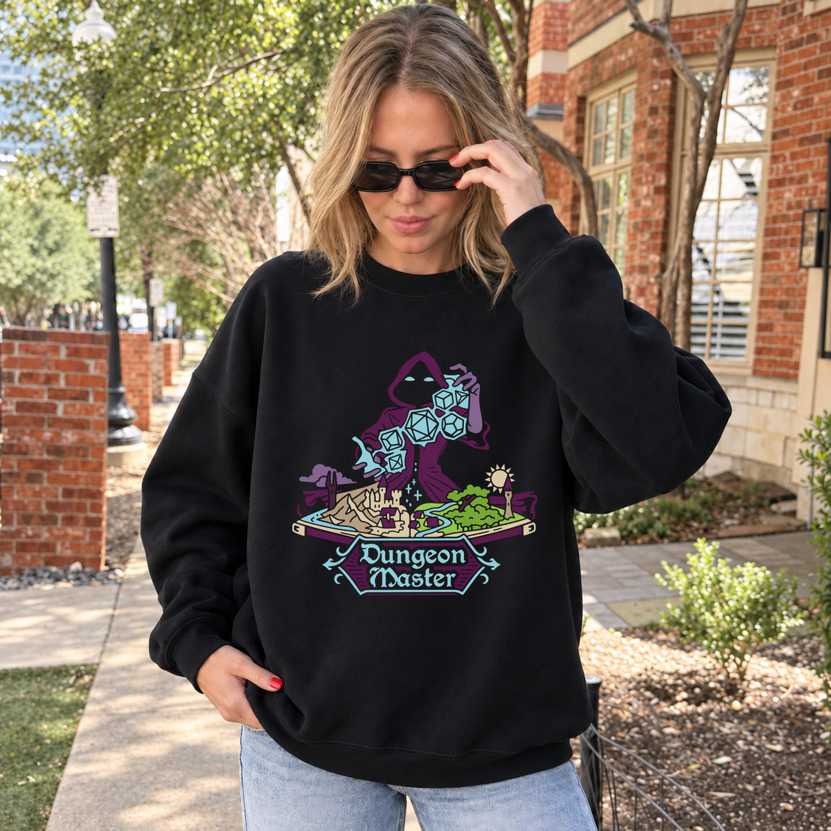 Dungeon Master at Work black DnD sweatshirt worn by a woman outdoors
