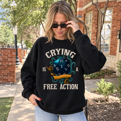 Crying Is a Free Action black DnD sweatshirt worn by a woman outdoors