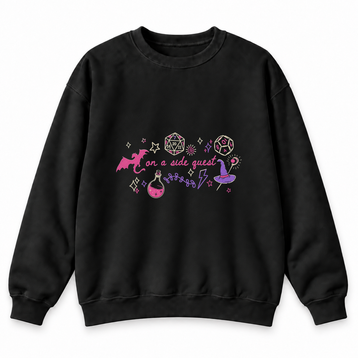 On a Side Quest black DnD sweatshirt front product view