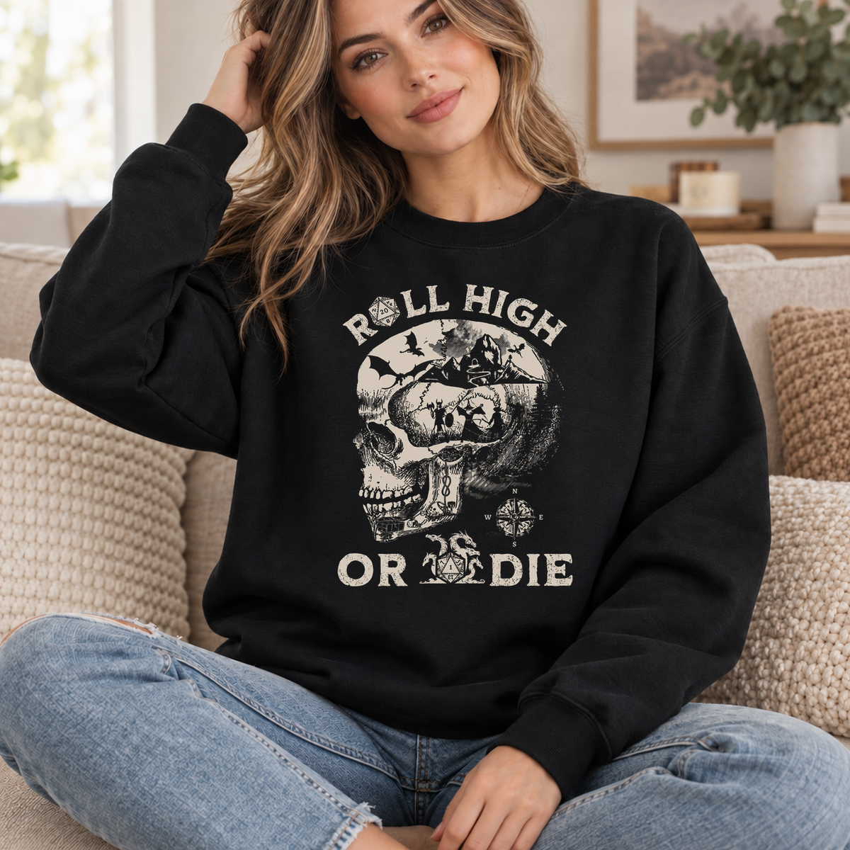 Roll High or Die Skull black DnD sweatshirt worn by a woman indoors