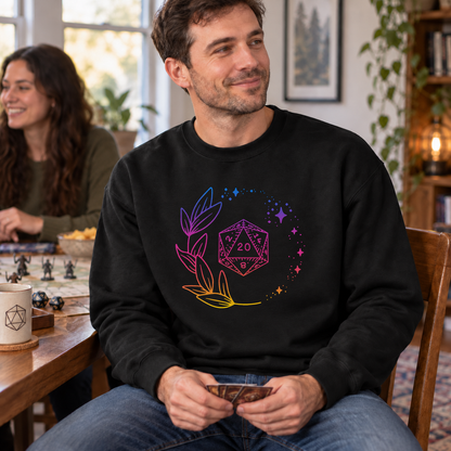 Neon Floral D20 black DnD sweatshirt worn by a man at game night