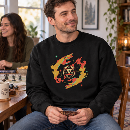 Flaming D20 black DnD sweatshirt worn by a man at game night