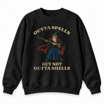 Outta Spells, Not Outta Shells black DnD sweatshirt front product view