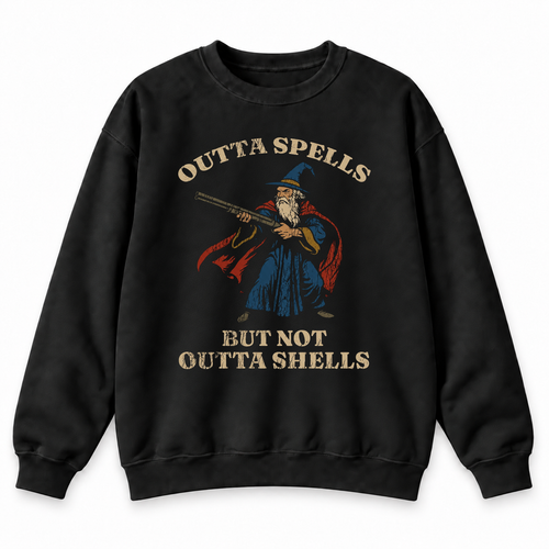 Outta Spells, Not Outta Shells black DnD sweatshirt front product view