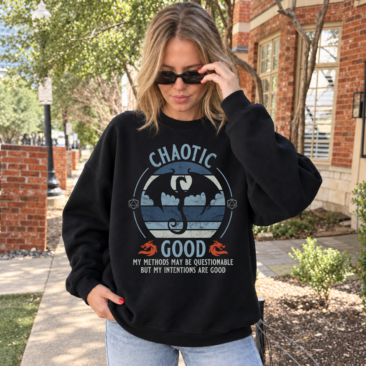 Chaotic Good black DnD sweatshirt worn by a woman outdoors