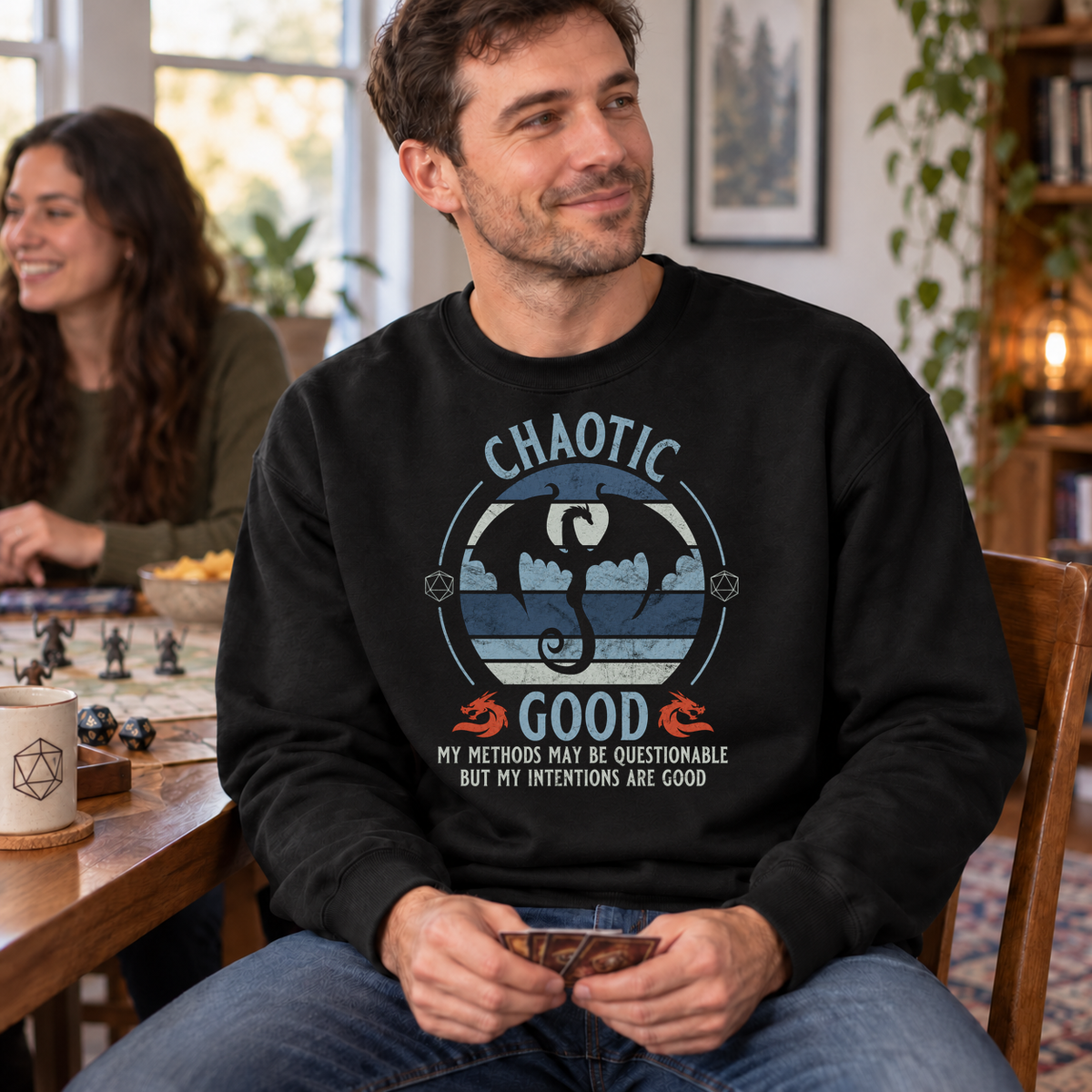 Chaotic Good black DnD sweatshirt worn by a man at game night
