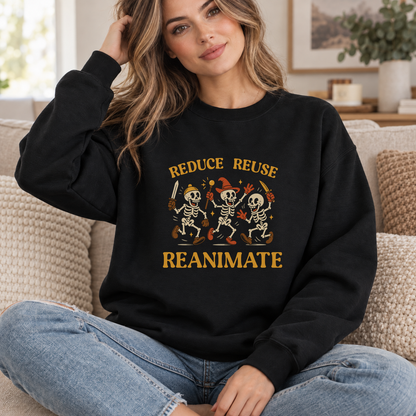 Reduce Reuse Reanimate black DnD sweatshirt worn by a woman indoors