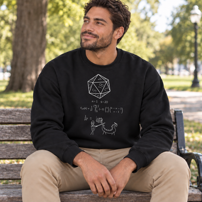 D20 Probability black DnD sweatshirt worn by a man in a park