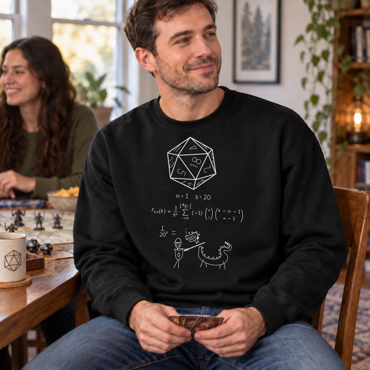 D20 Probability black DnD sweatshirt worn by a man at game night
