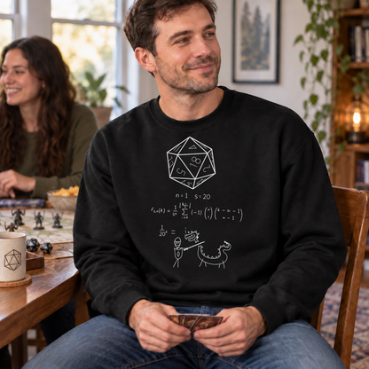 D20 Probability black DnD sweatshirt worn by a man at game night