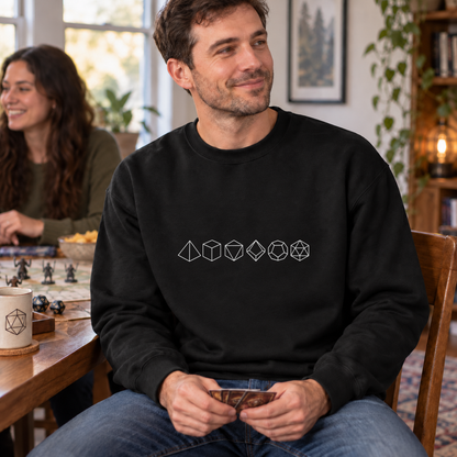 Polyhedral Dice Lineup black DnD sweatshirt worn by a man at game night