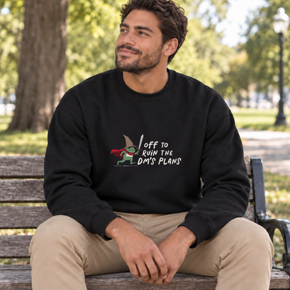 Off to Ruin the DM’s Plans black DnD sweatshirt worn by a man in a park