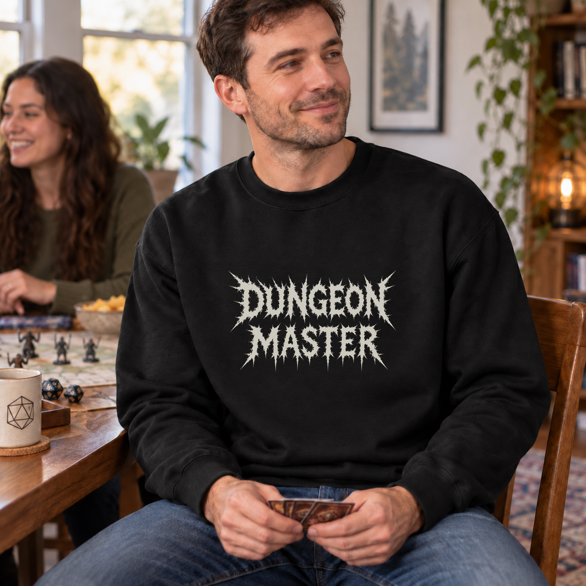 Dungeon Master Gothic black DnD sweatshirt worn by a man at game night