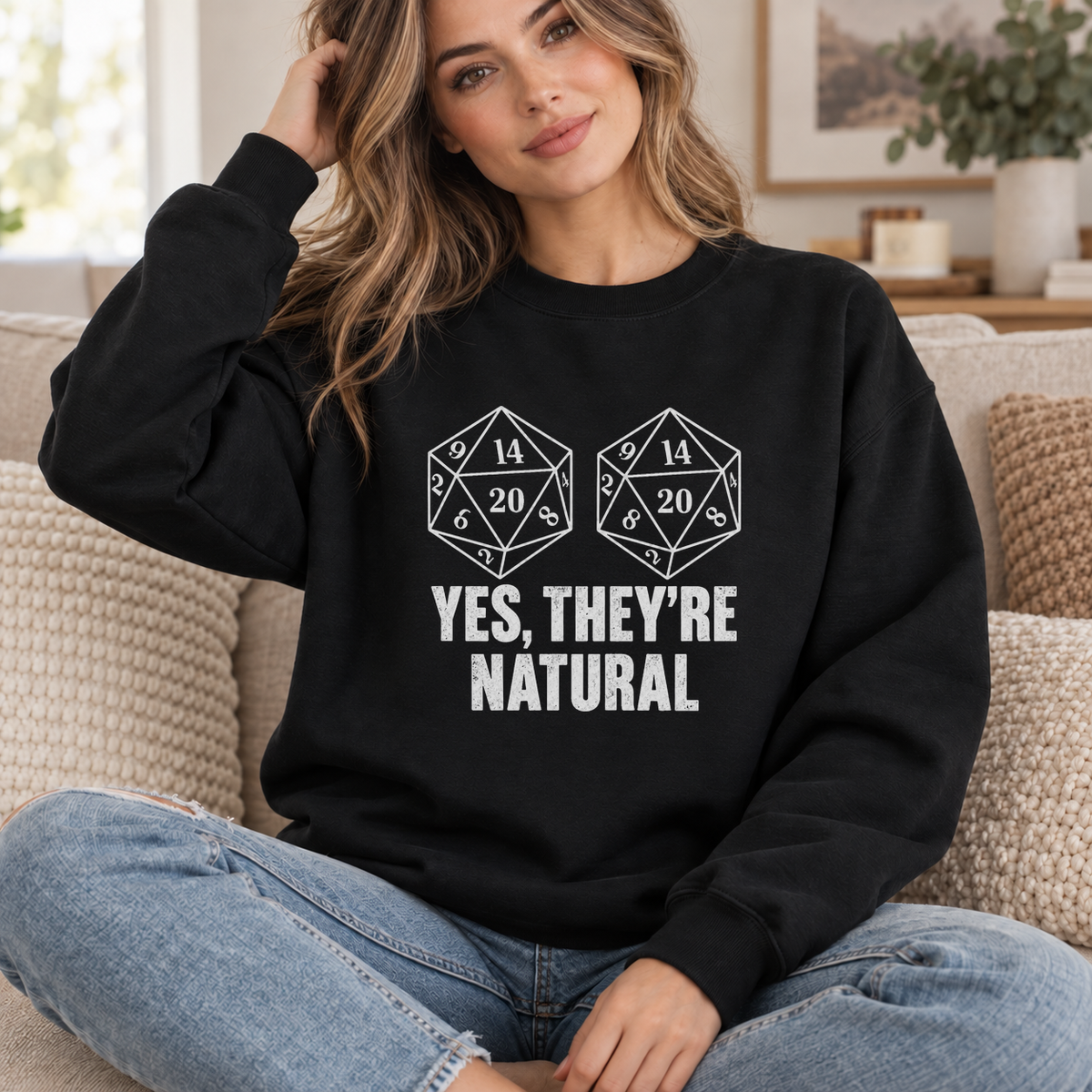 Yes, They’re Natural black DnD sweatshirt worn by a woman indoors