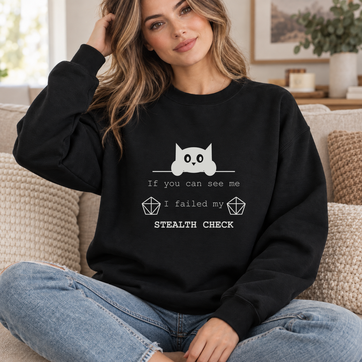 Failed Stealth Cat black DnD sweatshirt worn by a woman indoors