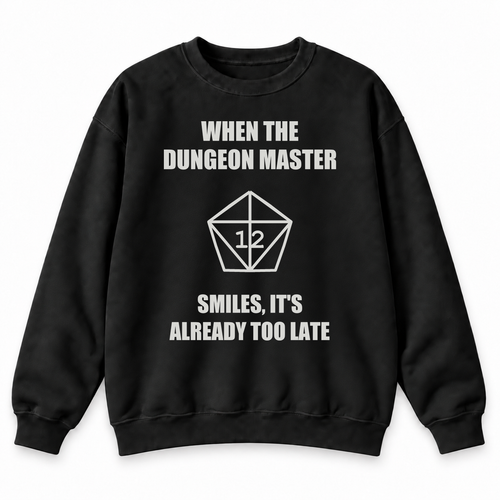 The Dungeon Master Smiles black DnD sweatshirt front product view
