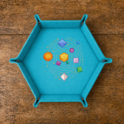 Cosmic Polyhedral Dice Orbit - DICE TRAY Cosmic Polyhedral Dice Orbit Dice Tray | Foldable PU Leather D&D Tray