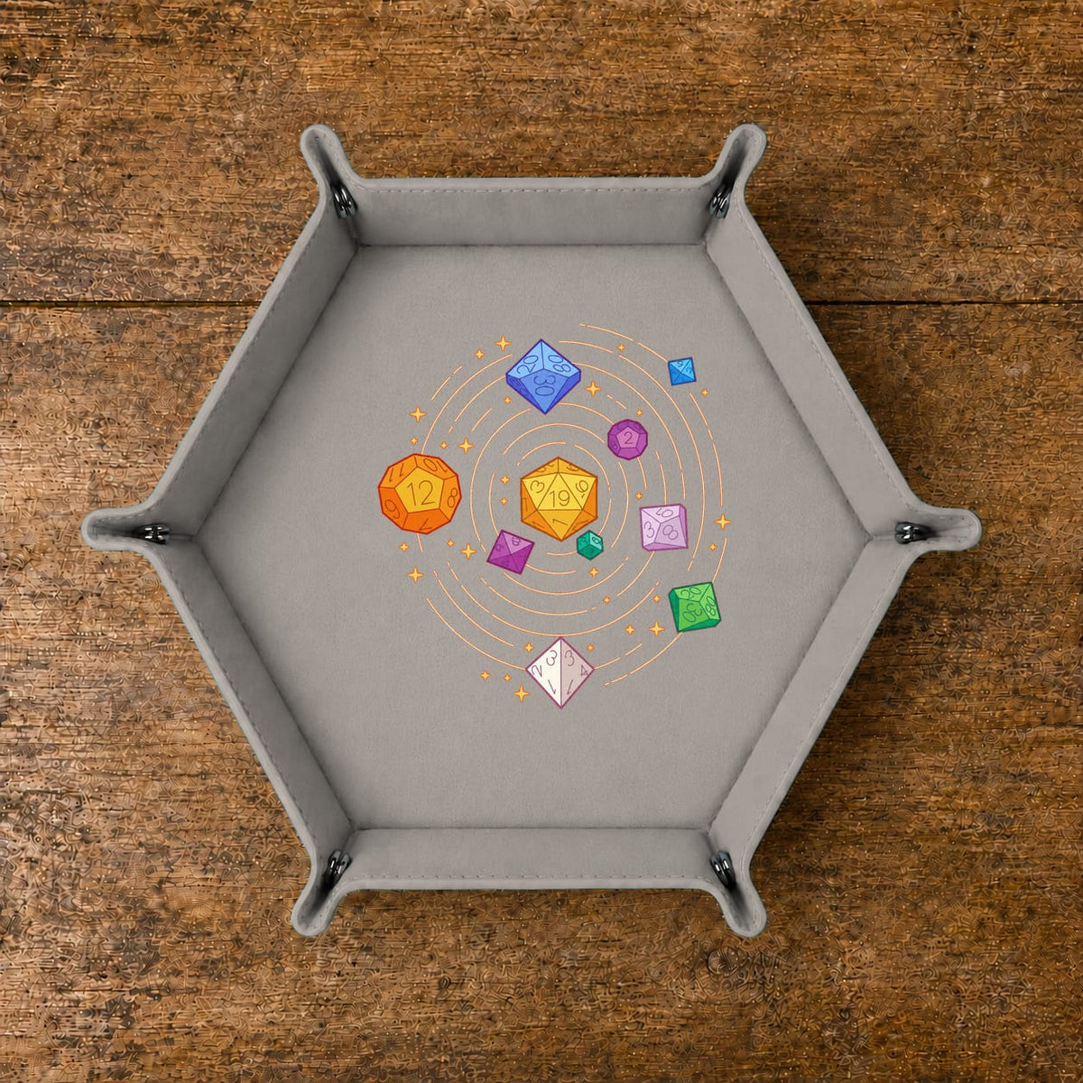 Cosmic Polyhedral Dice Orbit - DICE TRAY Cosmic Polyhedral Dice Orbit Dice Tray | Foldable PU Leather D&D Tray