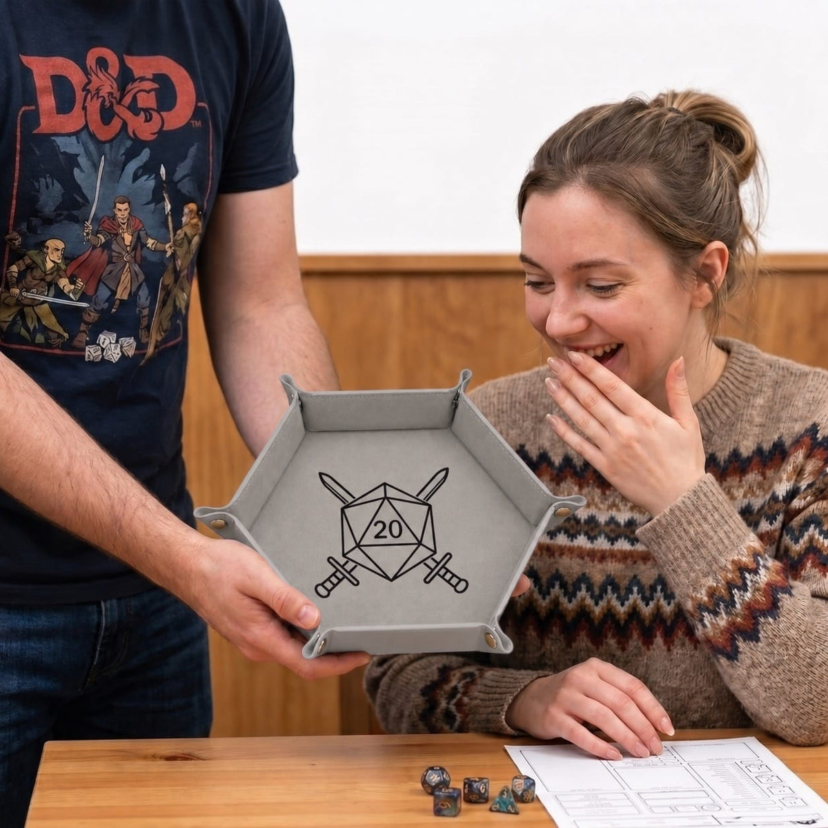 D20 Crossed Swords - DICE TRAY D20 Crossed Swords Dice Tray | Foldable PU Leather D&D Tray