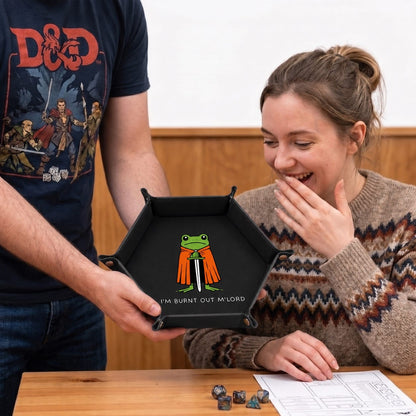 Burnt Out Frog Knight - DICE TRAY Burnt Out Frog Knight Dice Tray | Foldable PU Leather D&D Tray